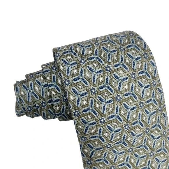 Hermes Men's Tie Geometric Star Kaleidoscope Green/Navy Silk 7662 TA 3.5 x 59